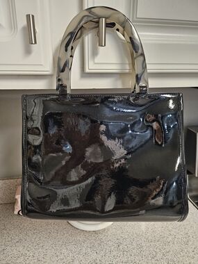 Neiman Marcus Vintage Black Patent Satchel with Marbled Acrylic Handles